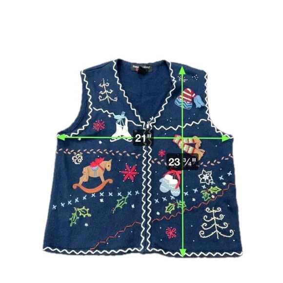 Hampshire Studio Snow Holiday Vest Navy Blue Festive Embroidery Sz L - Picture 7 of 8
